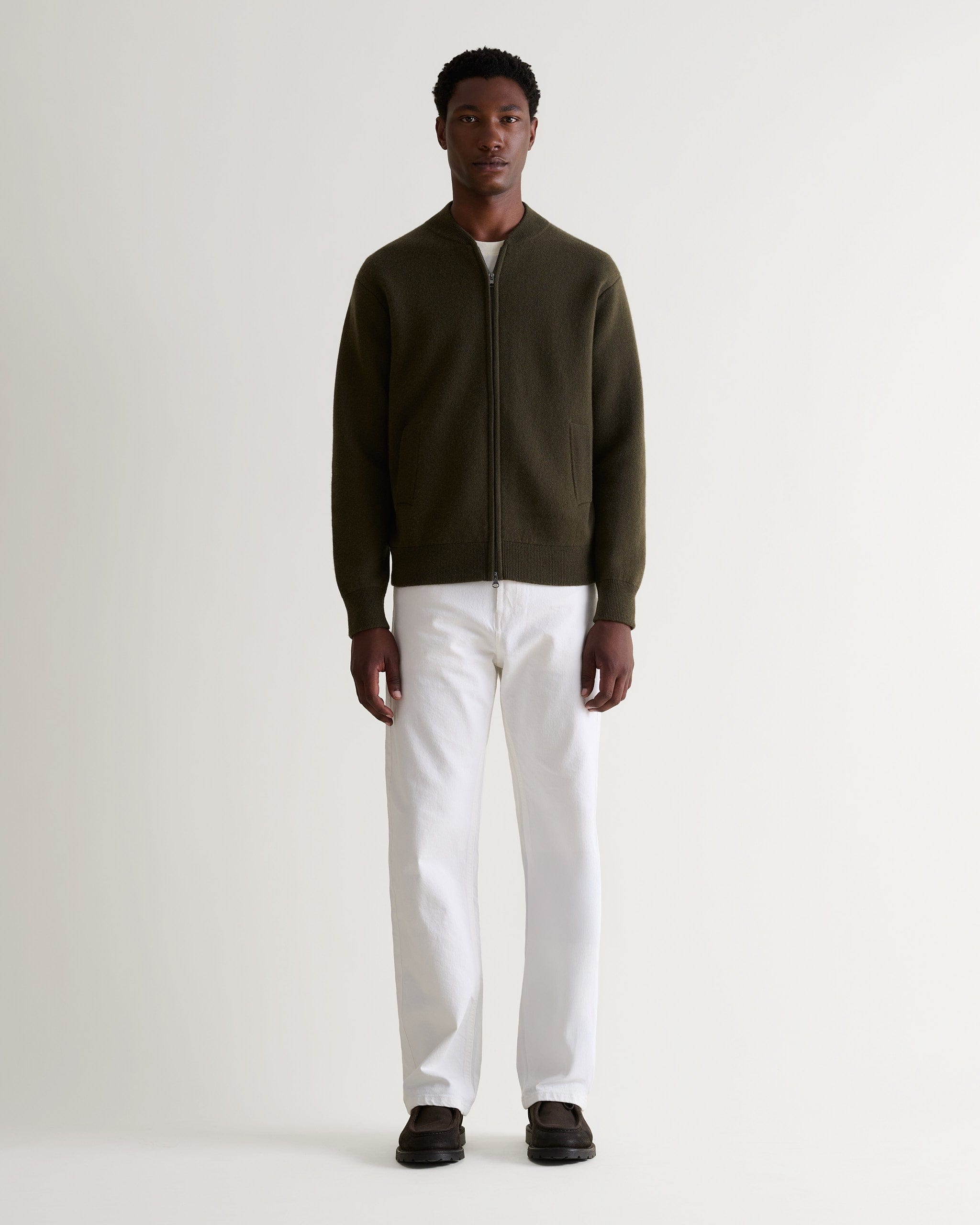 Men's Cashmere Merino Double Faced Zip Jumper - Military Green