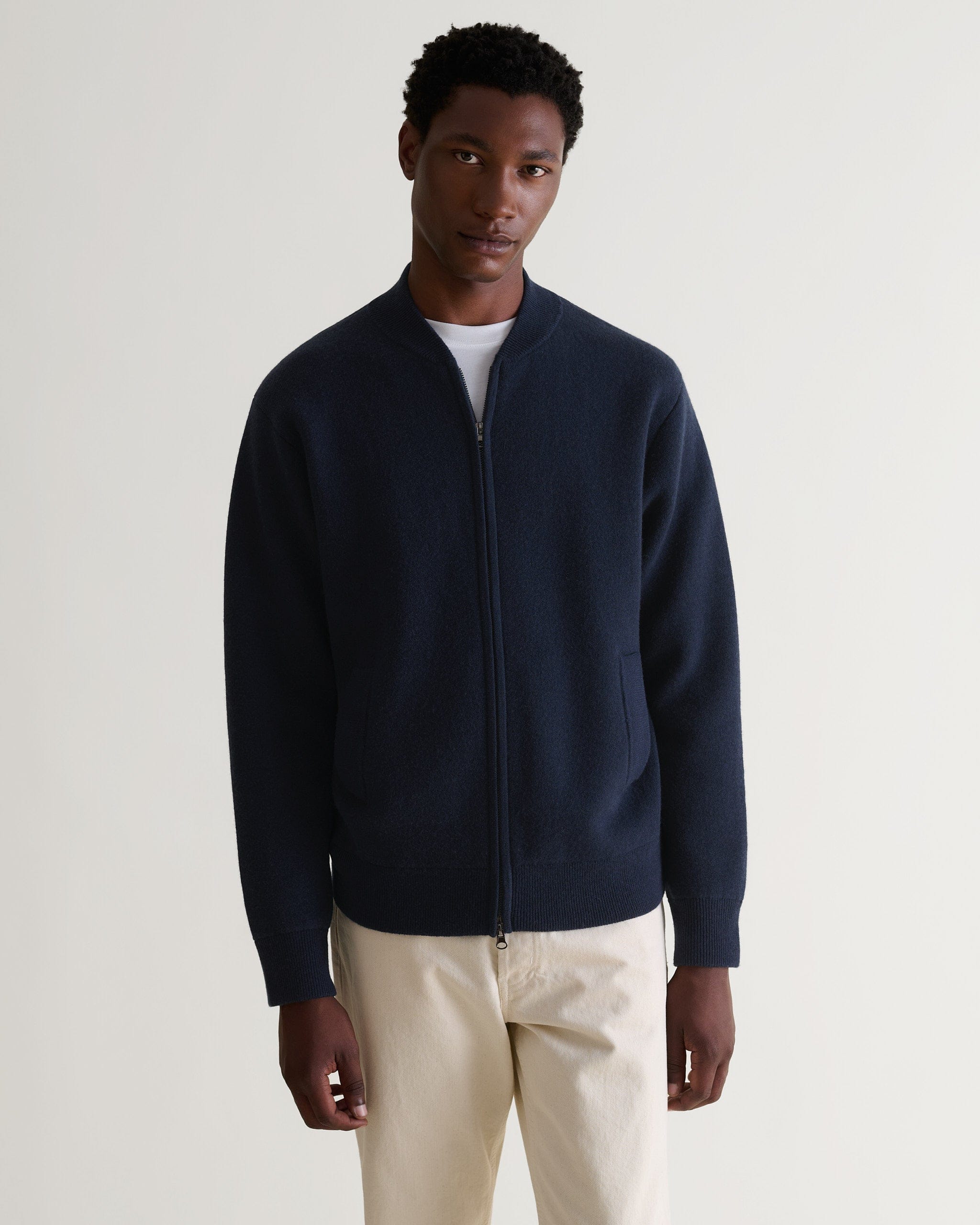 Men's Cashmere Merino Double Faced Zip Jumper - Navy