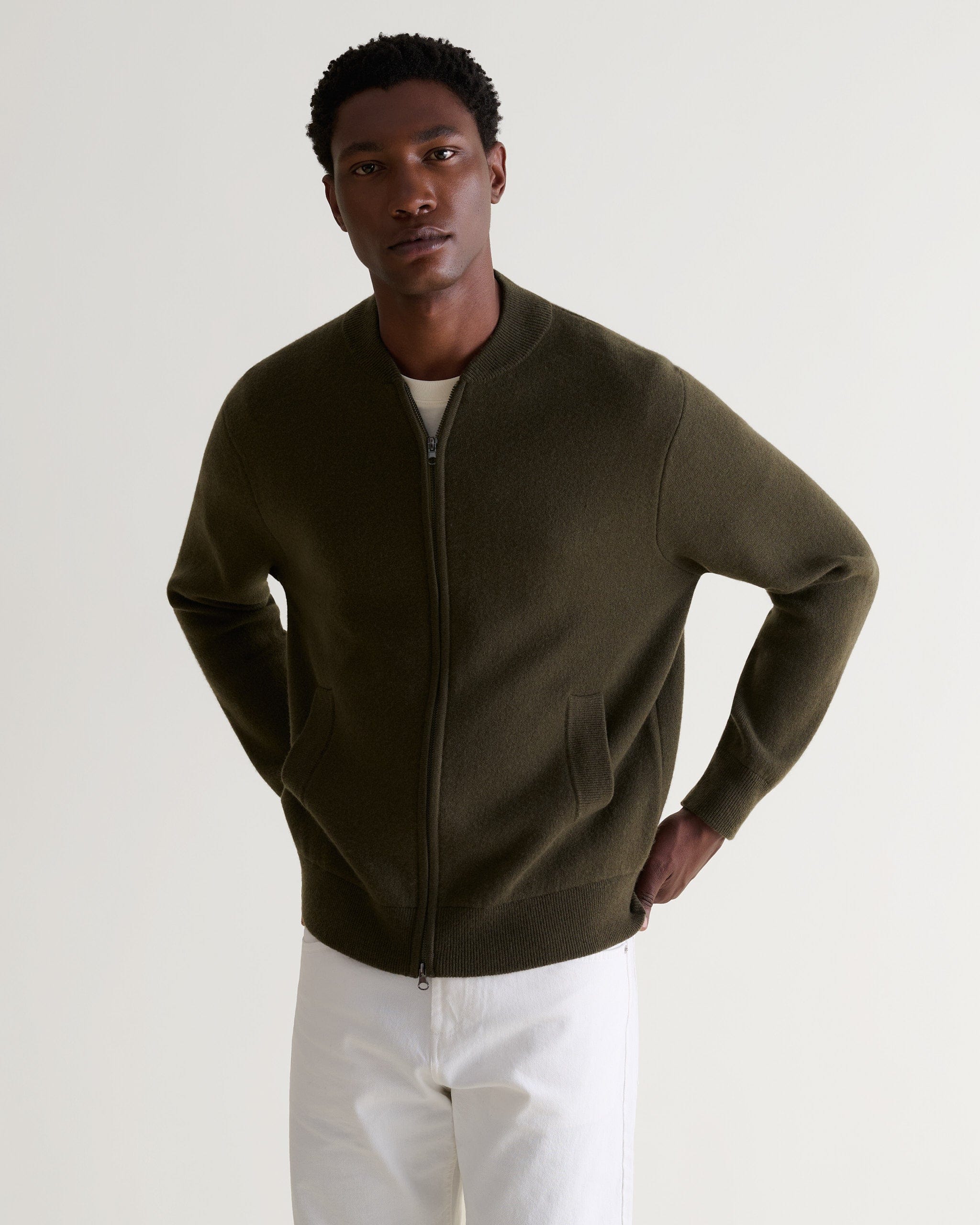 Men's Cashmere Merino Double Faced Zip Jumper - Military Green